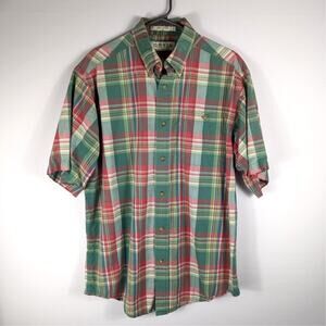 Orvis Men M Plaid Button Front Shirt Short Sleeve Green Red Cotton Outdoor
